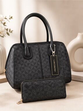 Black Geometric Pattern Satchel with Matching Wallet